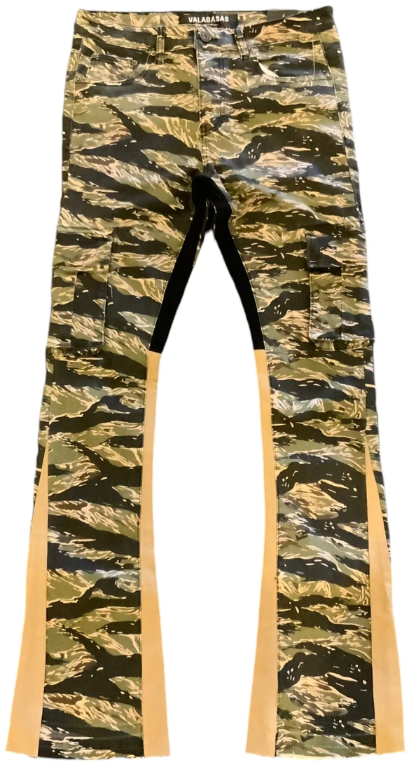 VALABASAS "COMMANDER " BLACK YELLOW CAMO STACKED FLARE JEAN