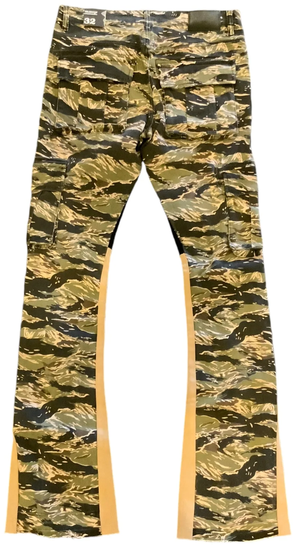 VALABASAS "COMMANDER " BLACK YELLOW CAMO STACKED FLARE JEAN