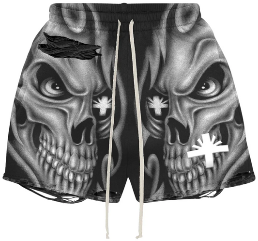 VERTABRAE Black Skull Storm Distressed Shorts PALISADES