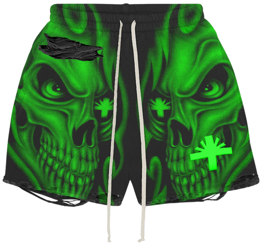 VERTABRAE Green Skull Storm Distressed Shorts PALISADES