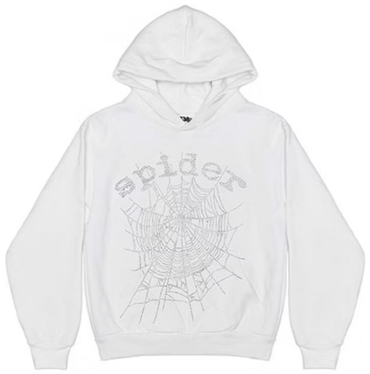 Sp5der OG Rhinestone Logo Hoodie White PALISADES